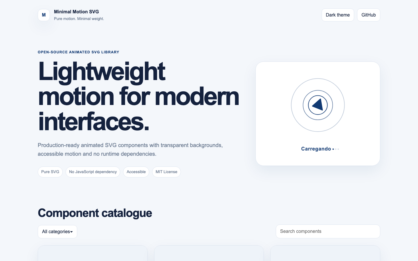 Site Minimal Motion SVG — biblioteca de componentes SVG animados